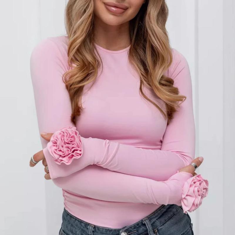 

Европейский и американский весенне-осенний цветочный трехмерный дизайн однотонный длинный рукав топ M