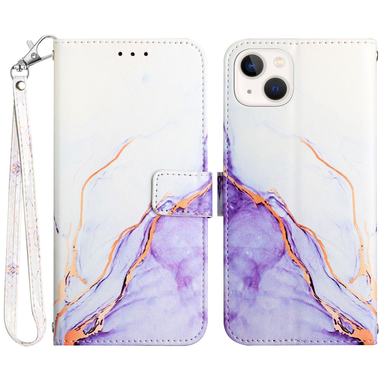 

For iPhone 15 Case with Strap Marble Pattern Leather Phone Cover Card Holder White+Purple LS006