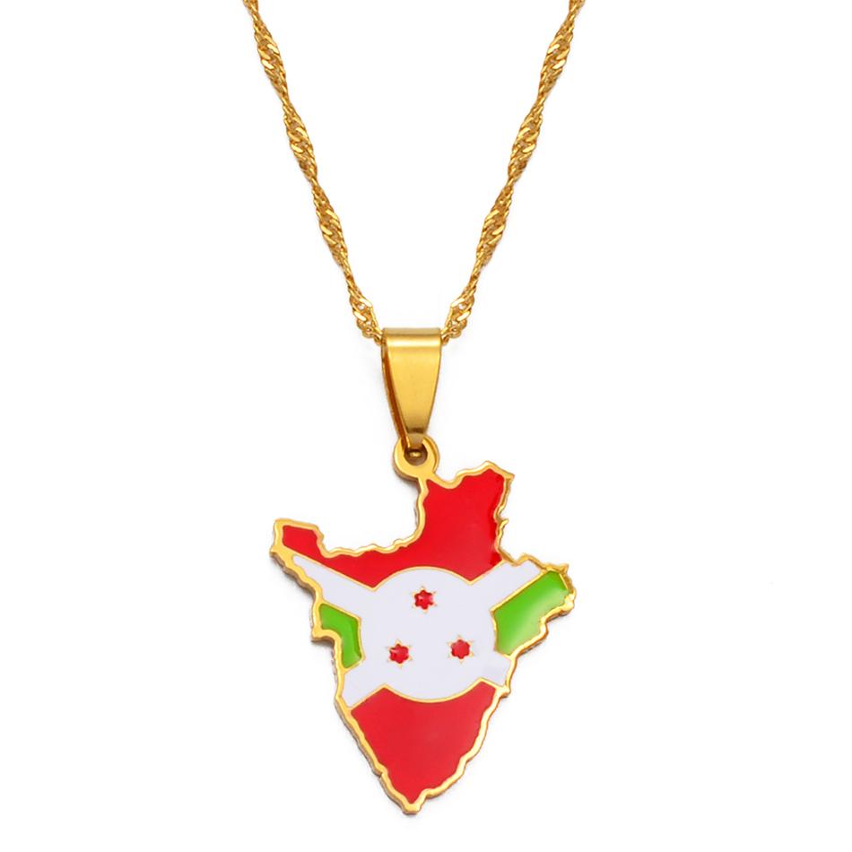 Anniyo Burundi Map & Flag Pendant Necklaces Stainless Steel Jewelry Burundian Ethnic s #168721 45cm Thin Chain