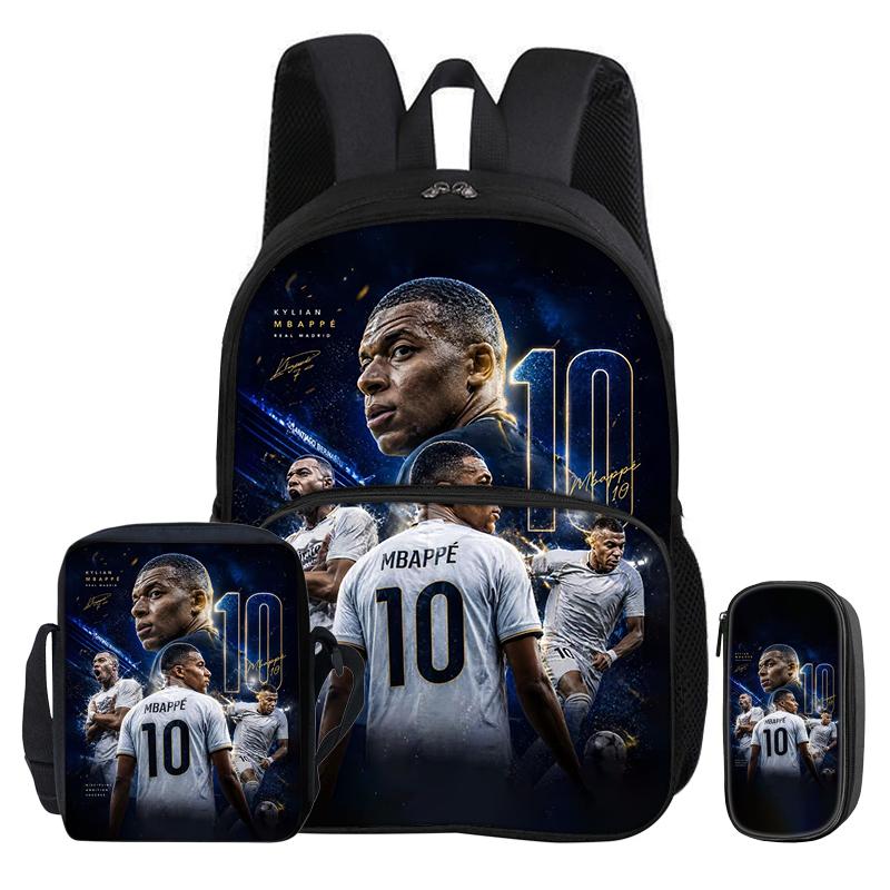 M-Mbappe 3-delat set med ryggsäck med framficka, fotbolls- och sportväskor över axeln, fotbollsstjärna pennfodral, elevskolväskor, ryggsäck