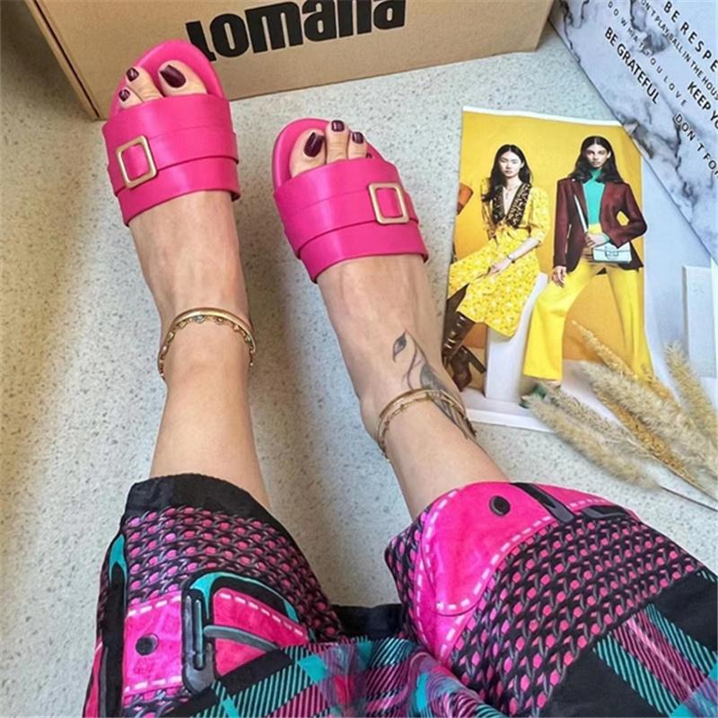 

fashion 2024 Summer Women s New Daily Leisure Family Open-toed Round Toe Flats Luxury Metal Buckle Outdoor Beach Style Flat With 36