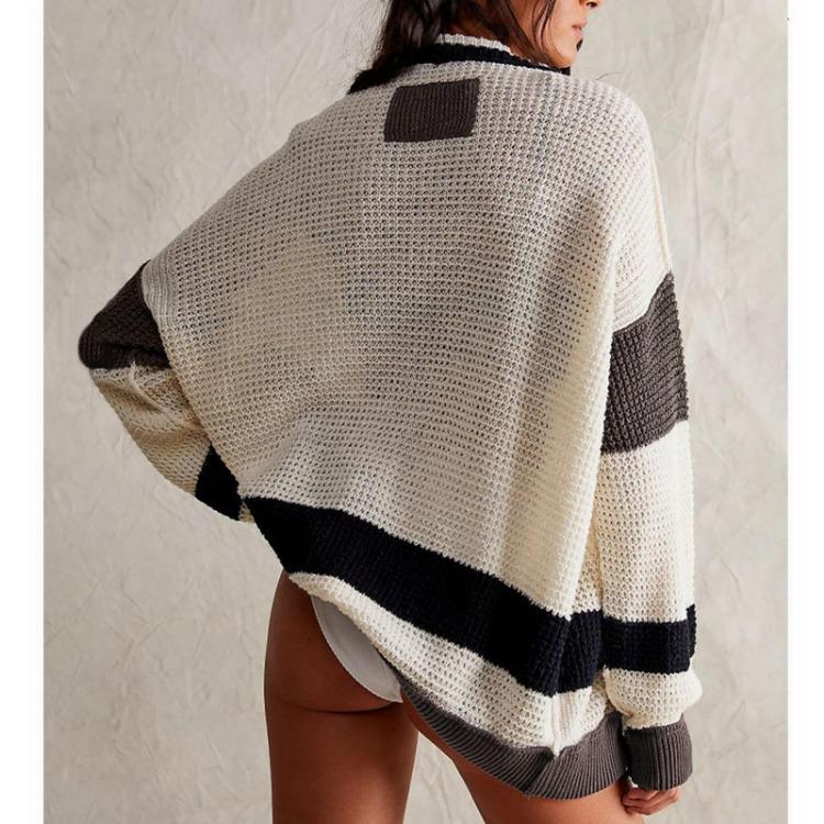 Loose Knitted Cardigan Sweater Women Casual Pocket Color Block Jacket