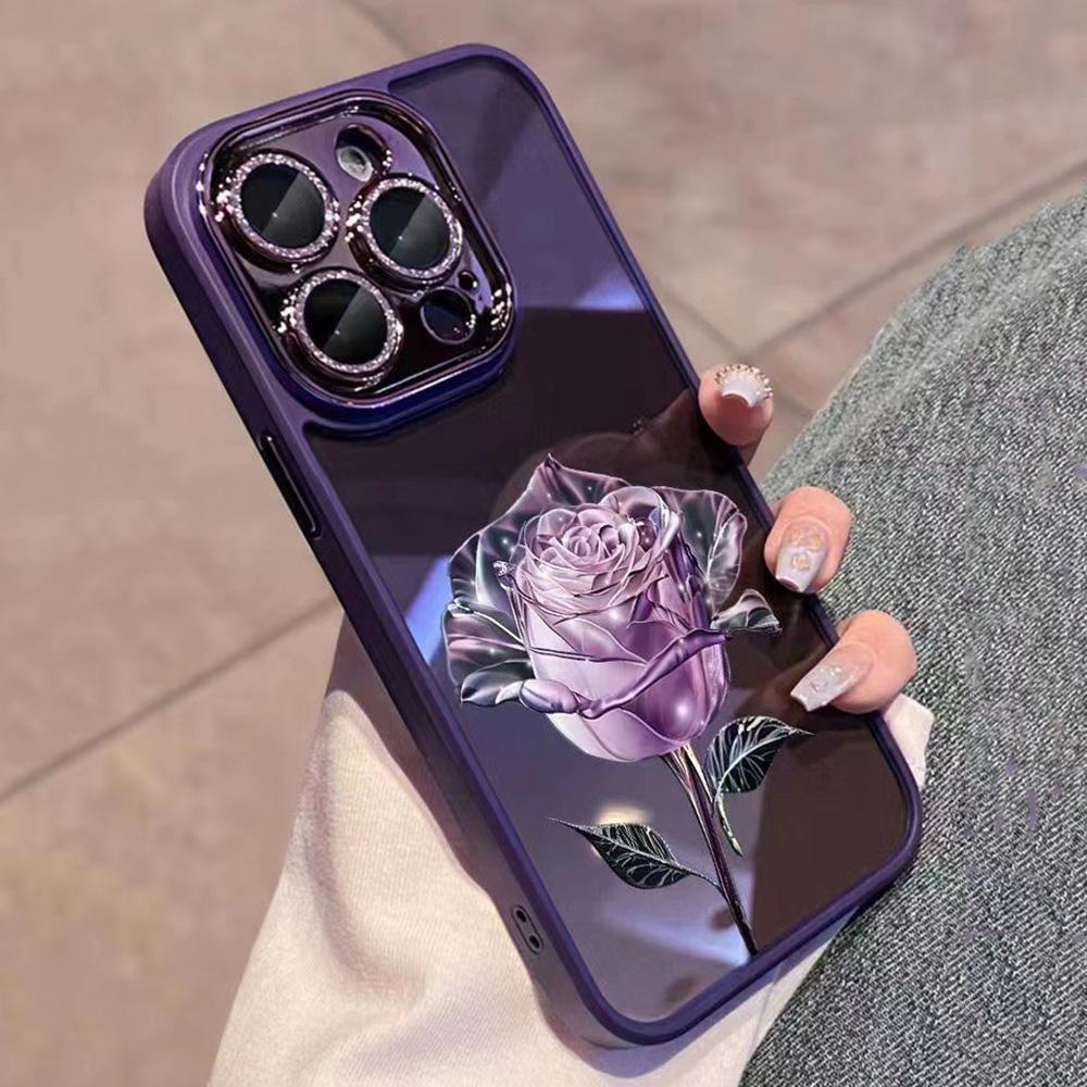

Glitter Camera Ring Case for iPhone 12 Pro Max 6.7 inch Rose Flower Pattern TPU Phone Cover with Lens Film Purple