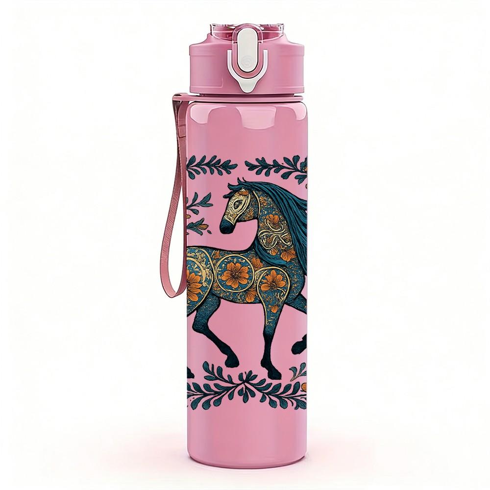 1PC Geometric Dark Horse Print 750ml Color Plastic Sports Water Bottle Leakproof Flip Straw Lid Suitable for Sports Office Home Use