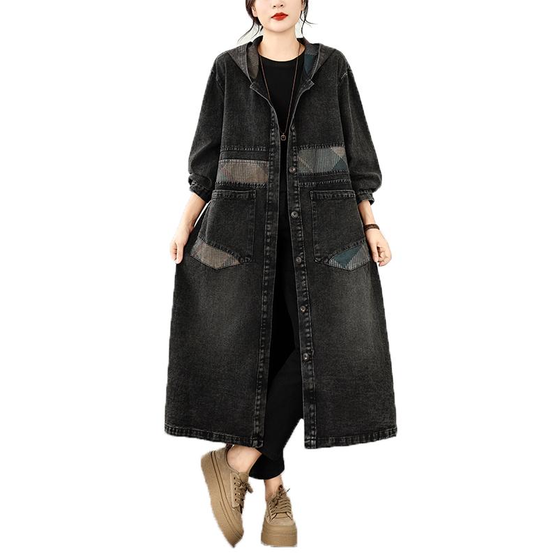European Style Patchwork Denim Jacket Women Hooded Loose Fit Long Trench Coat Autumn Oversized Outerwear Plus Size