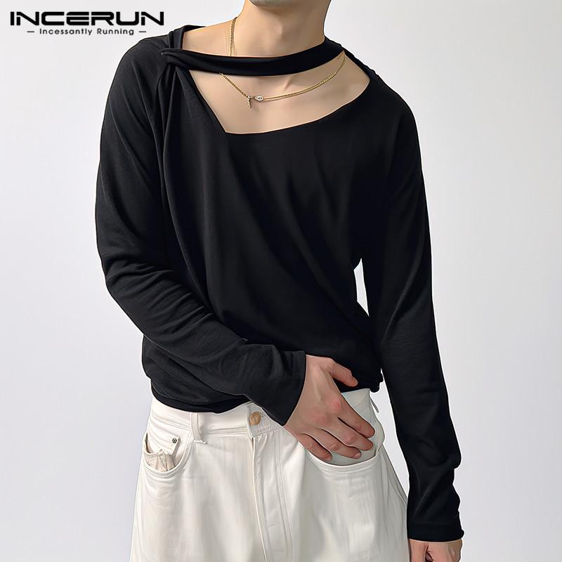 

INCERUN Весенние мужские полые топы с бретелькой на шее и длинными рукавами