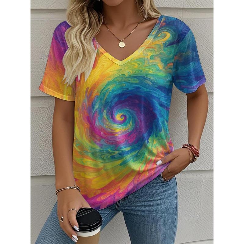 Women's T-Shirt Tie-Dye Gradient Printing Fashion Casual V-Neck Short-Sleeved Outdoor Street Summer Women's Clothing