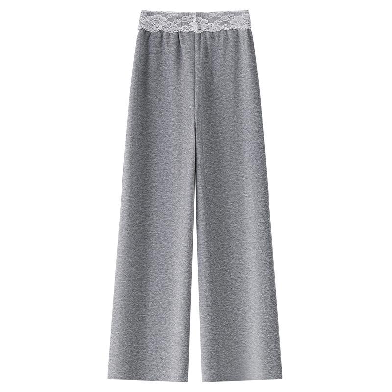 Gray Lace-Trimmed High-Waist Straight Leg Sweatpants for Women - Spring 2025 Collection