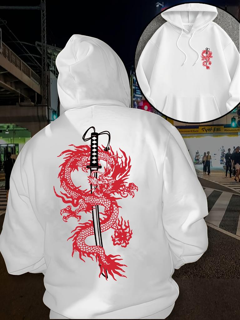Japanese Guochao Panlong Samurai sword front and rear printed hooded sweater, red loose shoulder couple casual hoodie