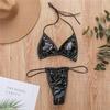 Nuovo tessuto in pelle brillante tinta unita coppa a triangolo spallina sexy costume da bagno bikini