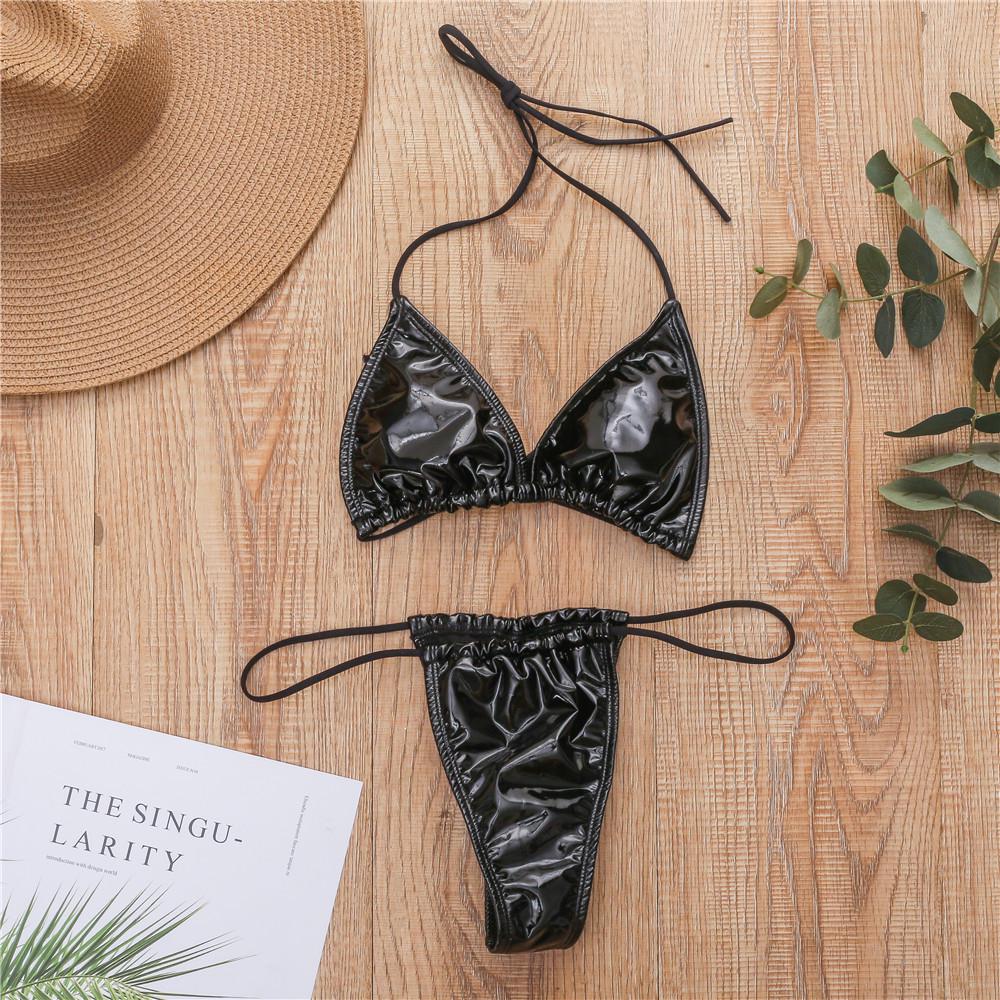 Nuovo tessuto in pelle brillante tinta unita coppa a triangolo spallina sexy costume da bagno bikini