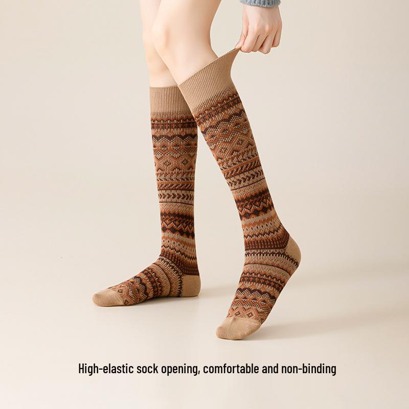 Double Needle Retro Ethnic Style Calf Socks - Warm, Trendy, Slimming Striped High-Top Cotton for Autumn & Winter