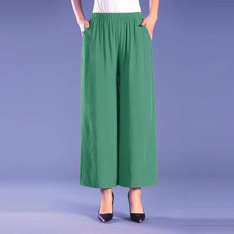 Women's Summer Cotton Wide Leg Trousers Loose Large Size Mother's Elastic High Waist Thin Nine-point Trousers