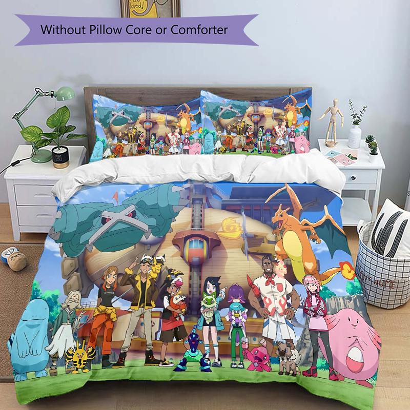Pokmon Anime Adventure Printed 3pcs Bedding Set Soft Microfiber 1 Duvet Cover And 2 Pillowcases Home Bedroom Decor Xmas Gift Q1137
