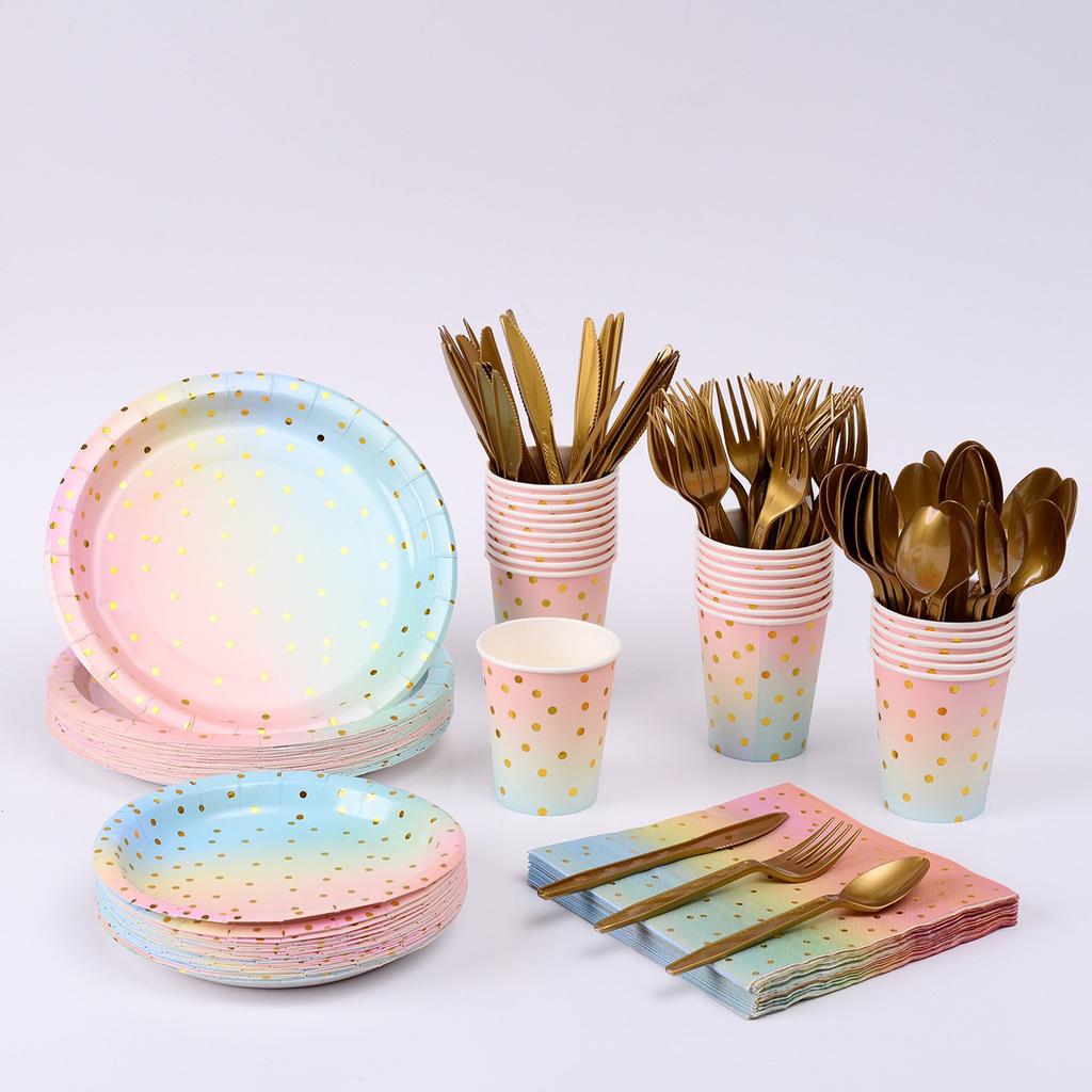Disposable Tableware Set for 25 Guests Disposable Paper Birthday Dinnerware Plates Forks Knives Spoons Cups Napkins Straws