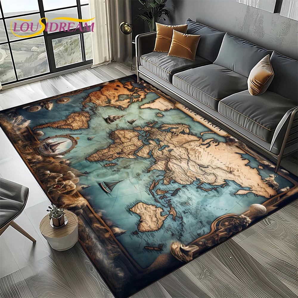 2025 Retro Ancient Nautical Chart Kraft World Map Compass Carpet Rug for Living Room Bedroom Sofa Decoration,Non-slip Floor Mat