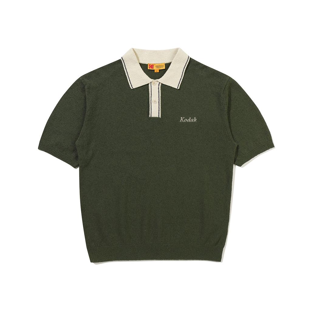 KODAK Collar Contrast Boucle Short Sleeve Knit Khaki