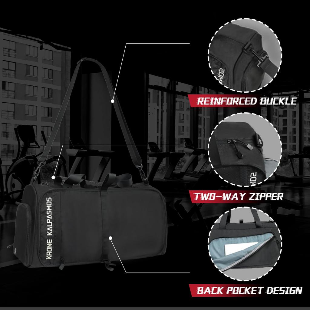 Krone Kalpasmos Foldable Gym Bag for Men, Waterproof, with Shoe Compartment, Small Boston Bag for Travel, Gym, Fishing, and Pool (Black)