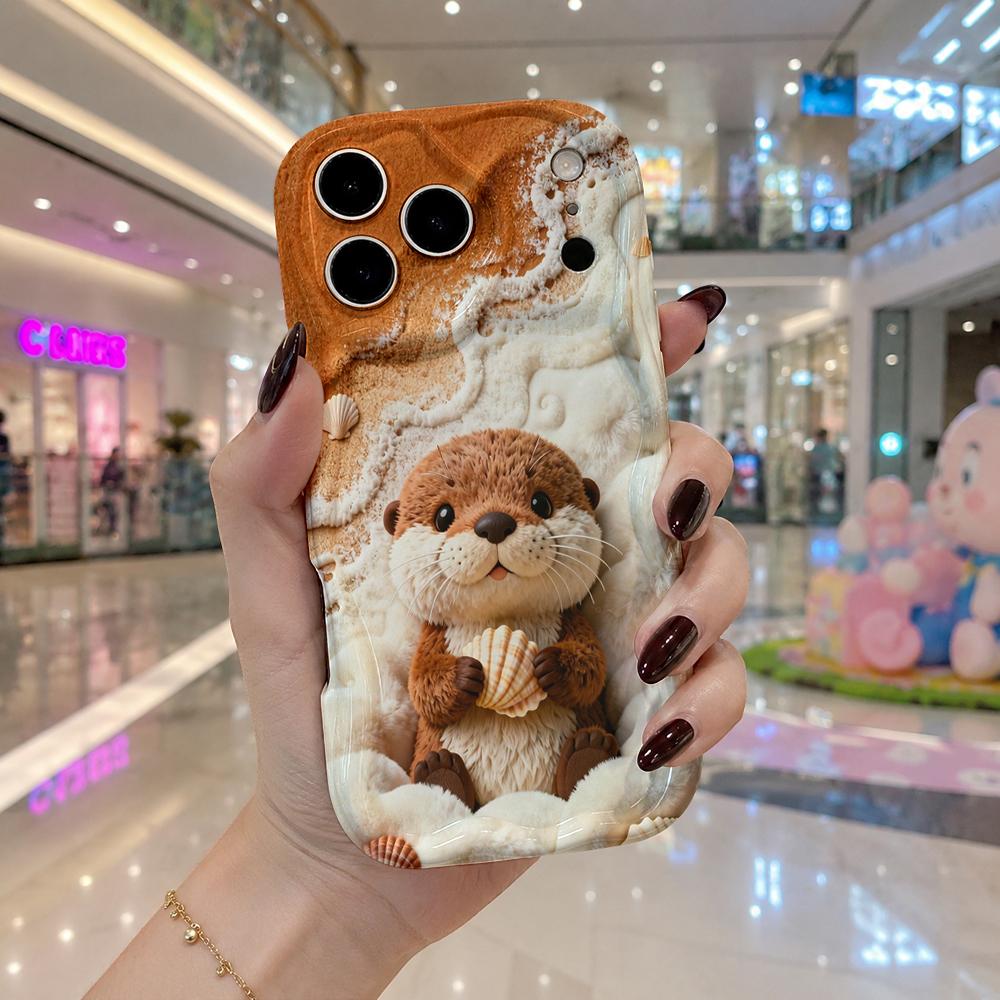 Fluffy Otter Beach Shell Wavy Edge Phone Case For iPhone 17 16 15 14 13 12 11 8 7 Plus Pro Max Cute Animal Soft Cover