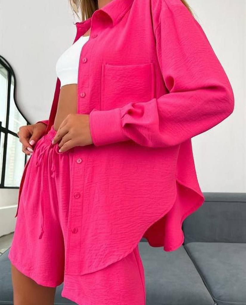 Casual Fashion Solid Color Women's Shirts Puff Sleeves Elegant Tops Shorts Casual Suit