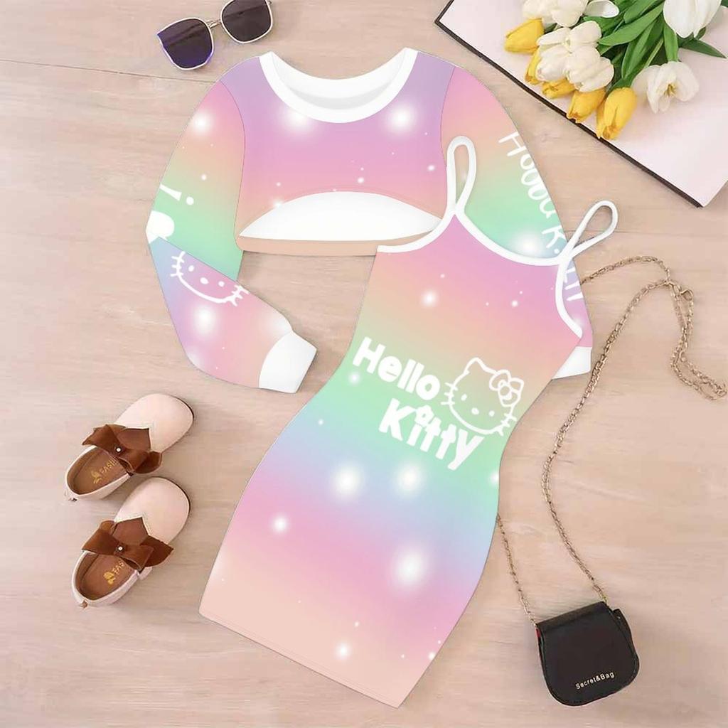 Girls Cartoon 2 Piece Outfits, Long Sleeve Crop Top + Spaghetti Strap Bodycon Dress, Red Snowflake Print Party Dress Set