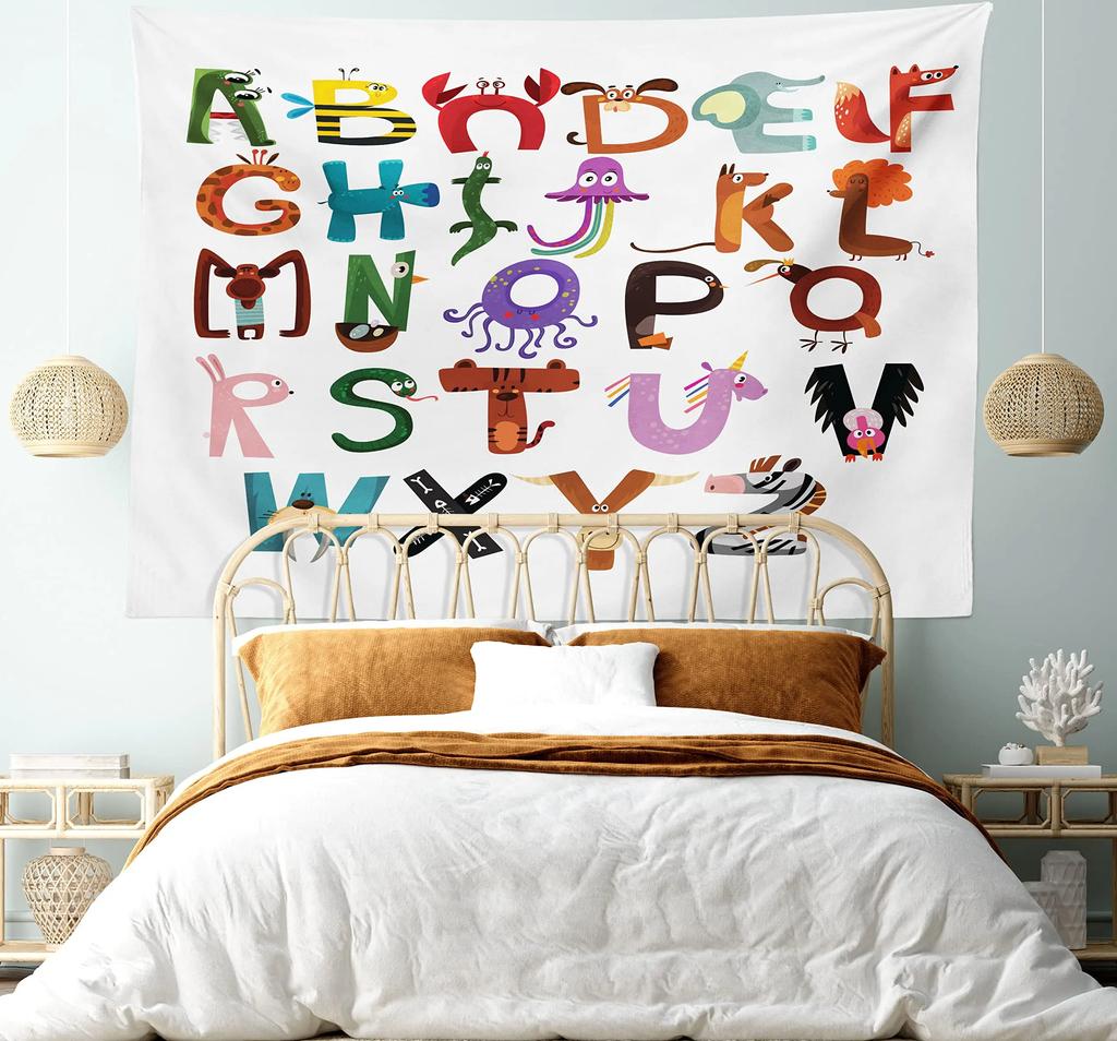 Alphabet Poster Tapestry for Boys Girls Bedroom ABC Learning for Toddlers Cute Dinosaur Art Educational Tapestries Wall Hanging