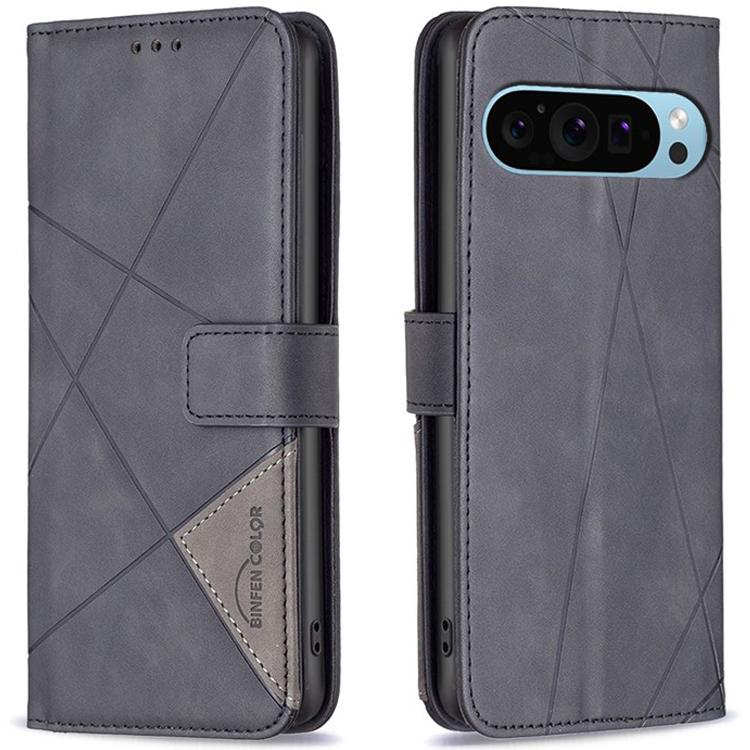 

BINFEN COLOR For Google Pixel 9/Pixel 9 Pro Phone Cases Wallet Stand Geometry Imprinted Leather Cover Black