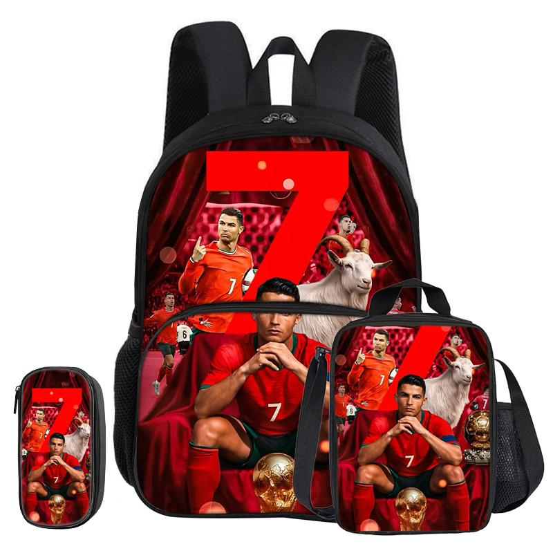 Ronaldo 3 Pcs Set with Front Pocket Backpack Football Sport with Thermal Insulated Lunch Tote Purse CR Football Star Pencil Case