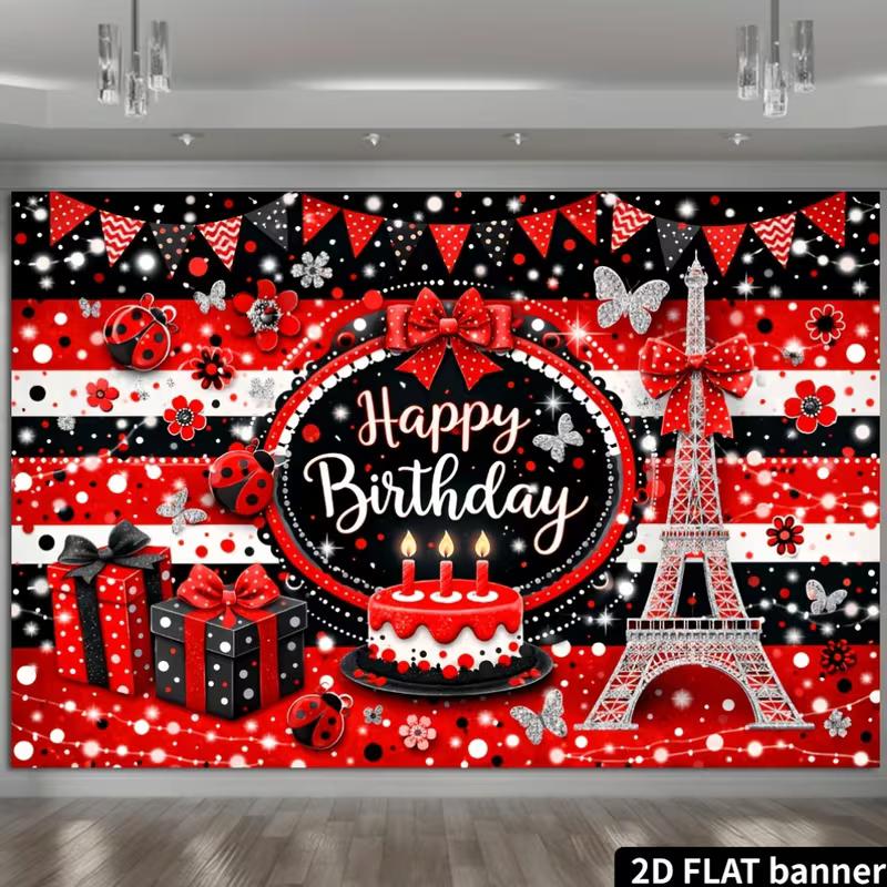 2D Ladybug Birthday Backdrop, Paris Eiffel Tower Banner, Red Black Happy Birthday Party Decor