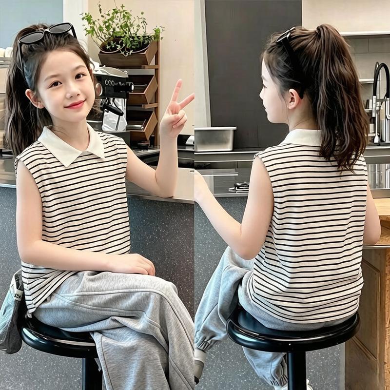 Girls' Cotton Striped Sleeveless Polo Shirt