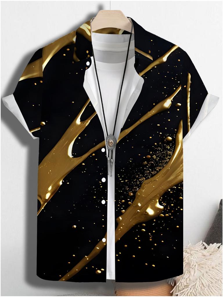 Printe Esign – Not Texture Men's Hawaiian Shirt with Tropical Golden Abstract Pattern Scene Print, Short Sleeve Button-Up Top, Suitable for Vacation