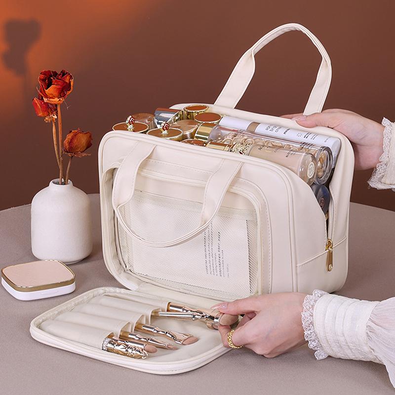 1 Stück Pu-Leder Doppelschicht-Make-up-Tasche Große Kapazität Kosmetiktasche Luxus-Kosmetik-Organizer Damen Reiseutensilien