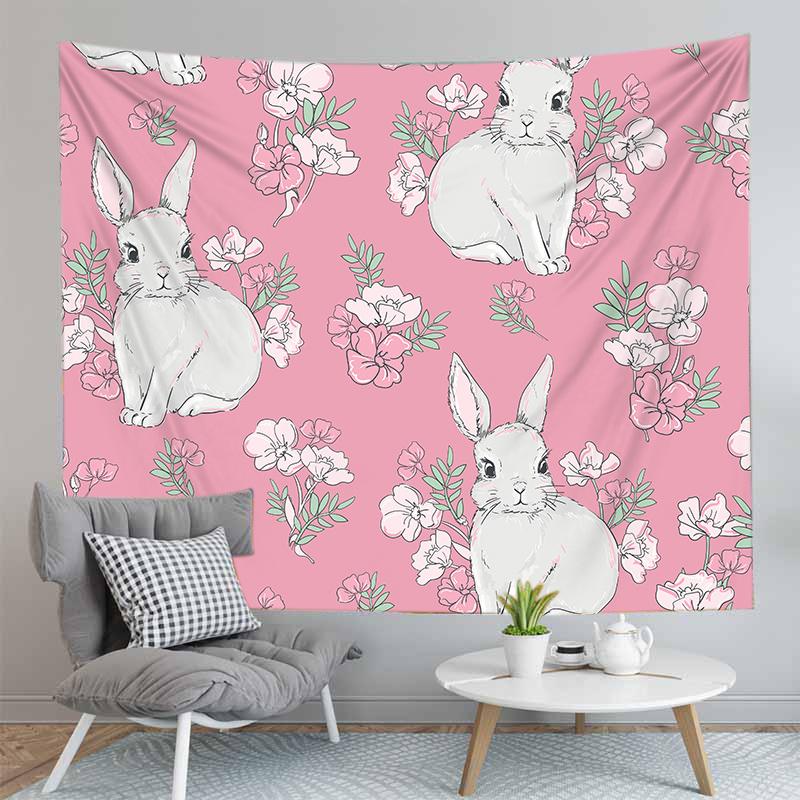 Cute Rabbit Print Tapestry for Girl Boys Dorm Room Decor Easter Rabbit Wall Hanging Kawaii Greetings and Presents for Easter Day