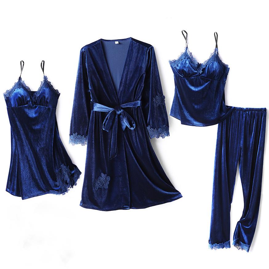 

Пижамный комплект из 4 предметов из бордового бархата, свадебный халат, ночная рубашка, осенне-зимняя женская пижама, сексуальная кружевная отделка, пижамный костюм, домашняя одежда 2XL