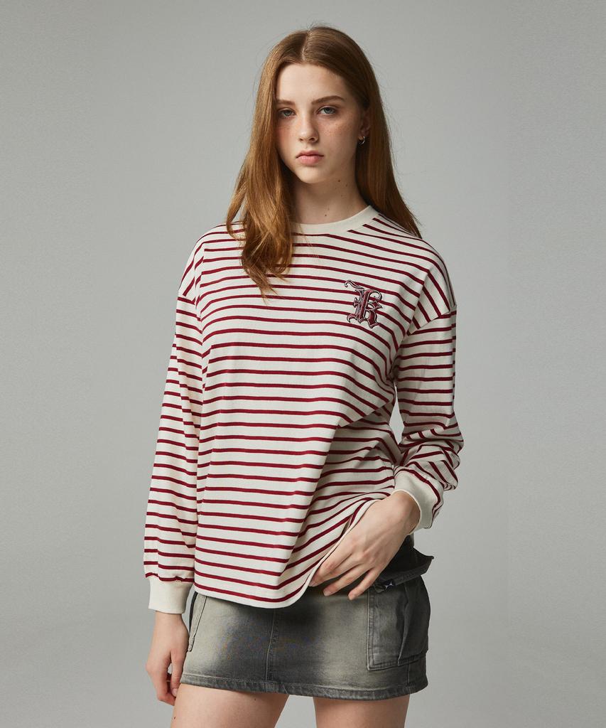 KITTY POTTERY Simple Logo Embroidered Striped T-Shirt Ivory & Wine