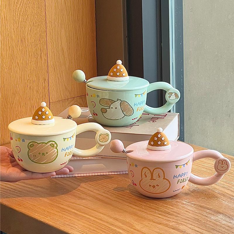 Gebt Mädchen Geburtstagsgeschenke, Cartoon-Hasenbecher, hochwertige Keramiktassen mit Deckel und Löffel und Geschenkboxen.