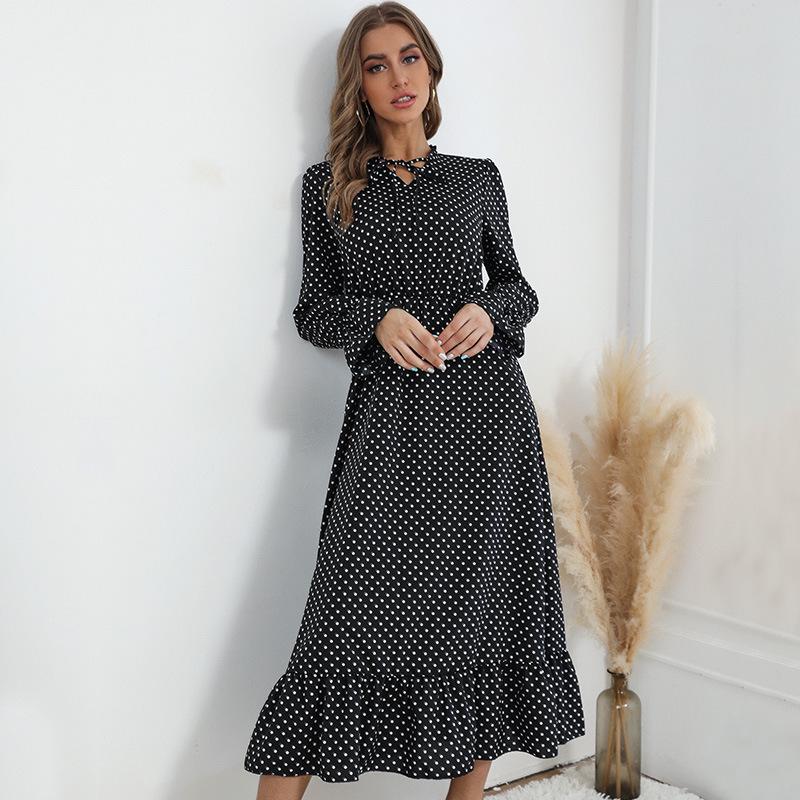 European & American Long-Sleeved Pleated Polka Dot Dress - Autumn/Winter 2022