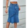 Women High Waist Denim Skirts Knee Length Stretch Jeans Ruffles Skirt