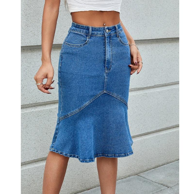 Women High Waist Denim Skirts Knee Length Stretch Jeans Ruffles Skirt