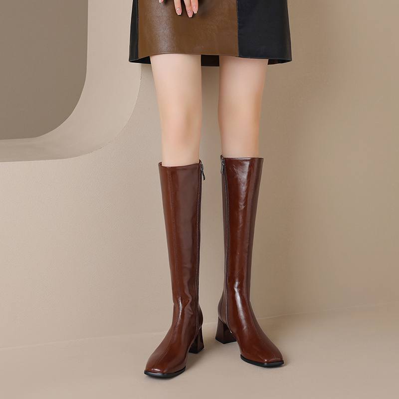 Krazing Pot Hovězí kůže Zimní hranatá špička Silné vysoké podpatky Jezdecké boty Dámské Zip Retro Vintage Vysoké boty na stehna