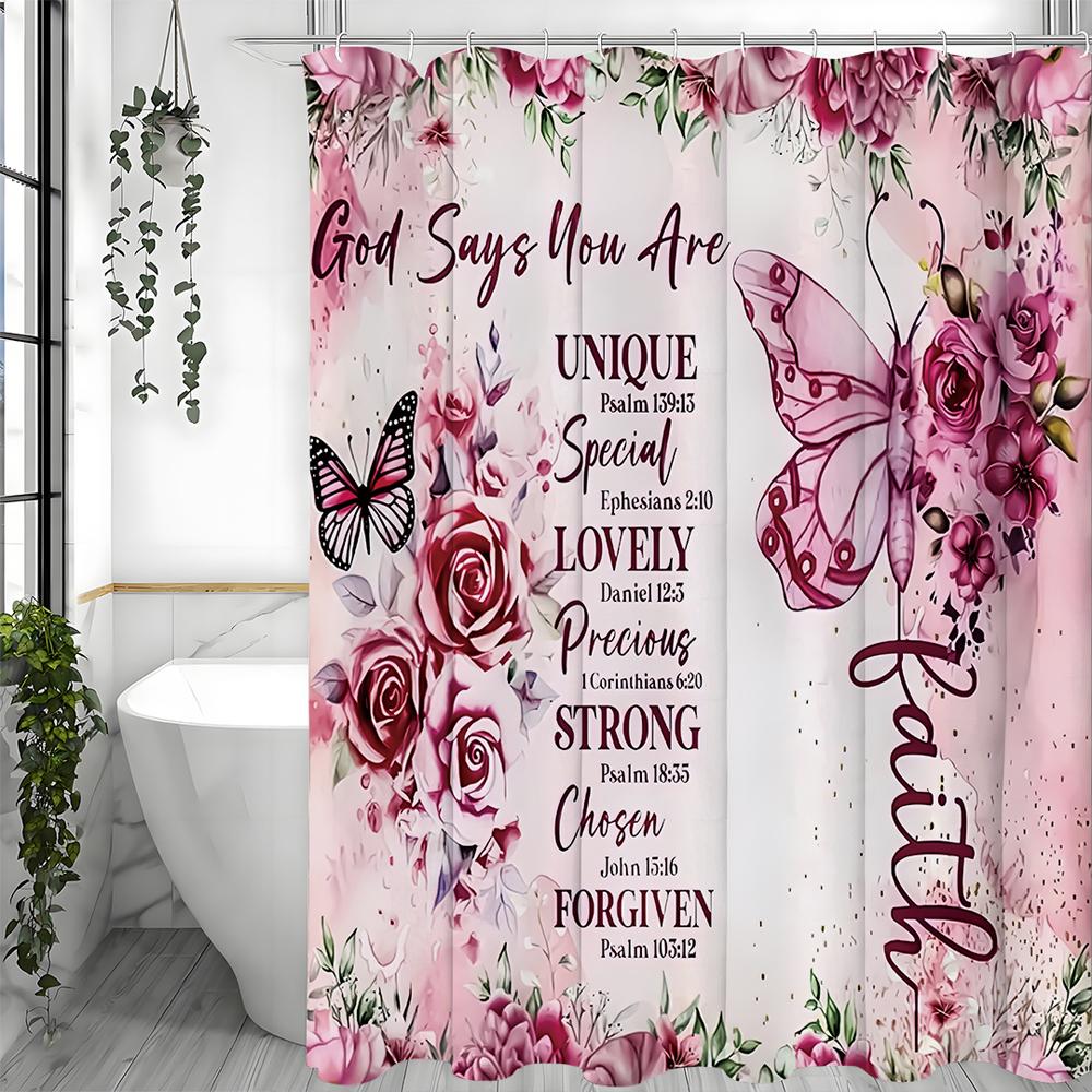 

Butterfly Inspirational Quotes Bible Verses Floral Shower Curtain, Bathroom Decorative Shower Curtain, Waterproof Shower Curtain 90*180cm