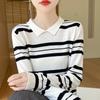 Autumn Women's Color Block Striped Wool Sweater with Peter Pan Collar