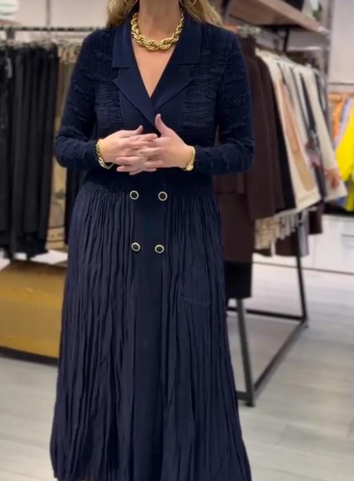 European Double-Breasted Pleated Waist Long-Sleeved Elegant Commute Dress XL