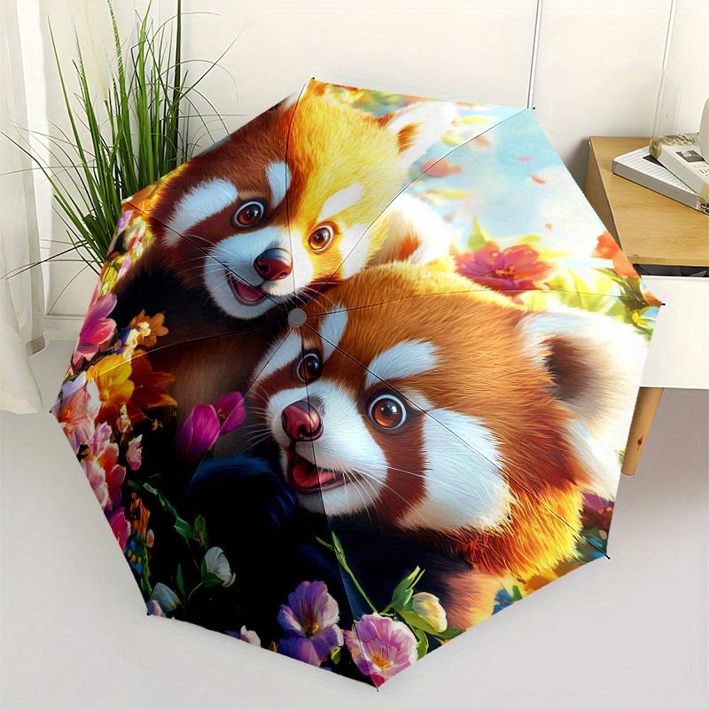 1pc Automatic Open/Close Umbrella with Red Pandas & Floral Pattern - Compact Travel Umbrella, Windproof 8-Rib Frame, Portable