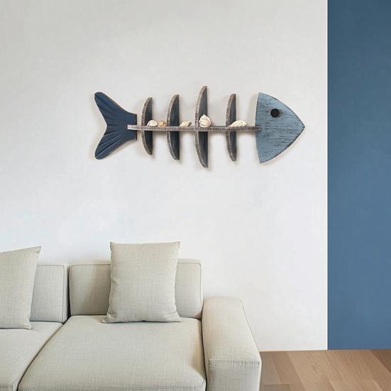 Nautical Wooden Fishbone Wall Decor Rustic Skeleton Fish Floating Shelf Coastal Wall Mounted Display