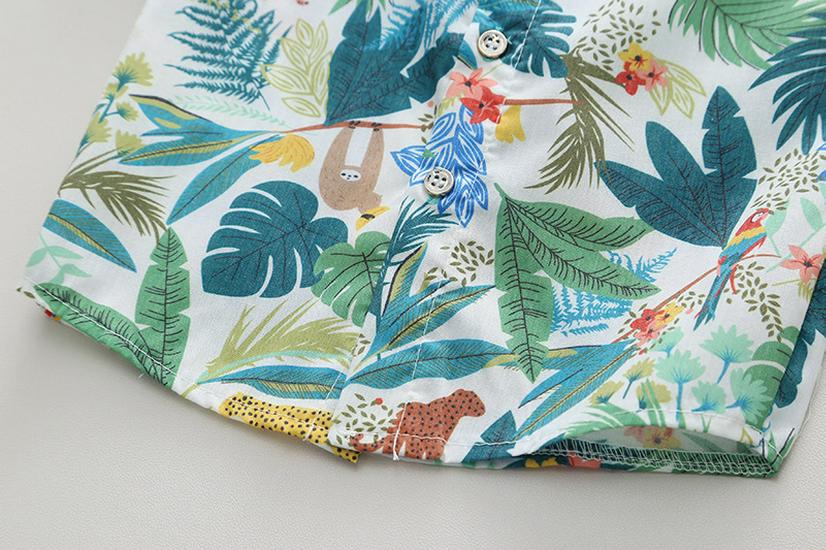 2026 Summer Southeast Asian Resort Boys' Leaf-Print Lapel Shirt & White Shorts Set