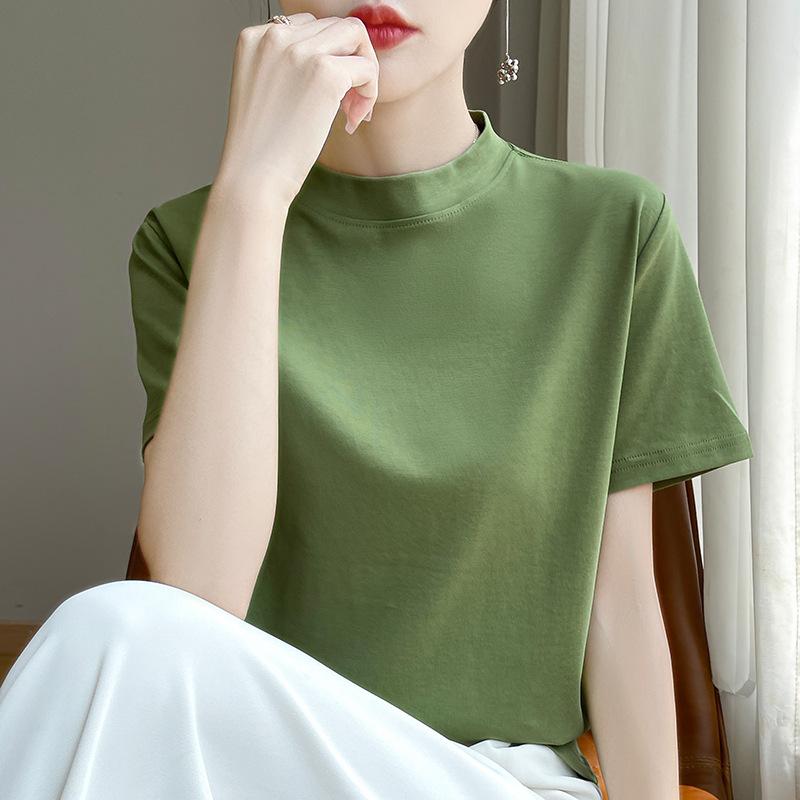 

Spring and Autumn Semi-high-necked Cotton Short-sleeved Women s Stand-up T-shirt Joker Loose Sleeve Top Slim Bottom S