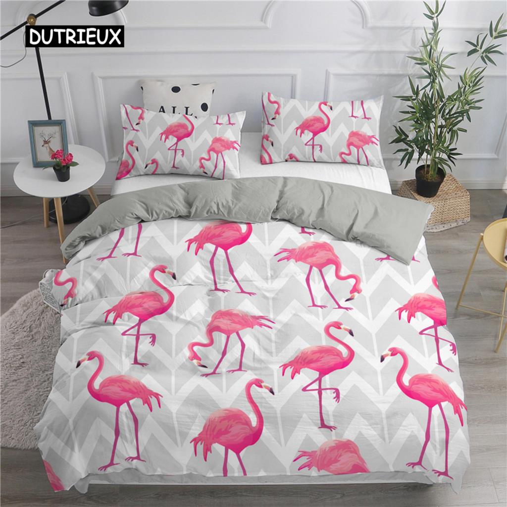 Cartoon Pink Flamingo Bedding Set Girls Kids Teens Cute Duvet Cover Set Single Twin Queen King Size 2/3pcs Polyester Quilt Cover