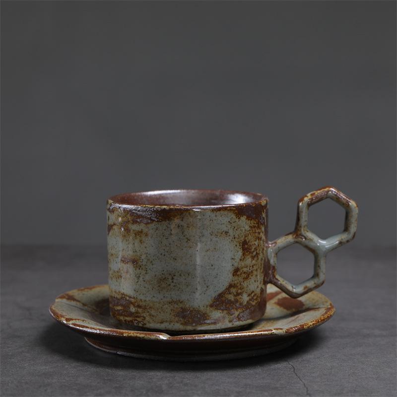 Handcrafted Ceramic Coffee Cup and Saucer Set 7.4 Oz Mug with Unique Handle Rustic Glazed Finish Modern Design for Espresso Tea