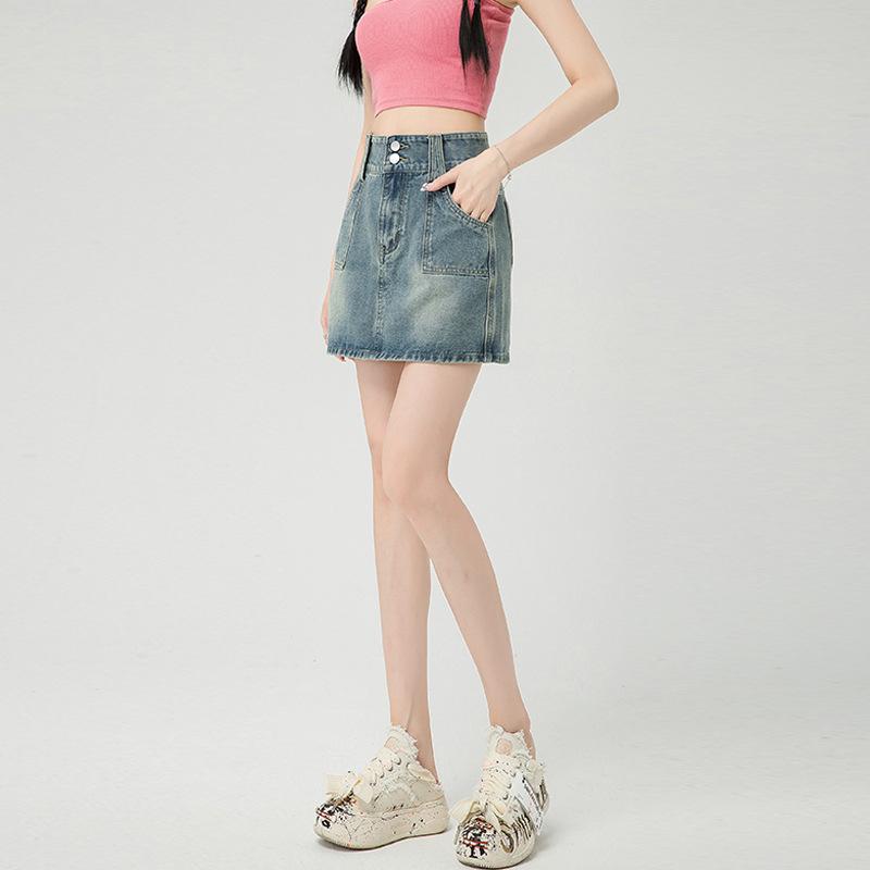 Classic Versatile Short Skirt High-waisted Double-button A-line Bustle Skirt Versatile Retro Package Hip Skirt Ladies Summer Fashion Denim Short Skirt
